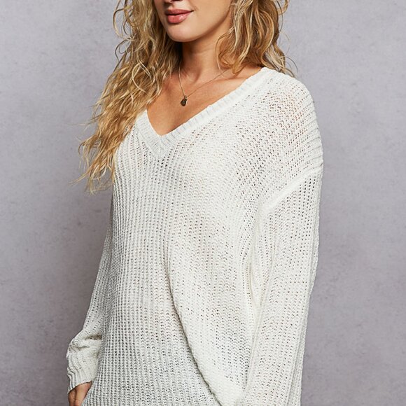 Oversized White Knit Sweater | Slouchy V-Neck Pullover | Boho Cozy Top NWT - Picture 2 of 6